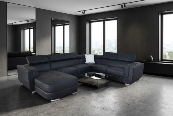 Designer Wohnlandschaft Eckcouch +USB Sofa Polster Ledersofa Sofas Neu Schwarz