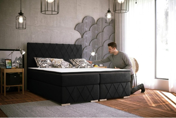 Komplett Set Matratze & Topper Boxspring Bett Schwarz Polster 180x200cm Betten