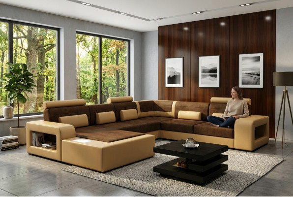 Wohnlandschaft Sofa mit USB Sofagarnitur Stoff Textil Leder Sofa mit Beleuchtung