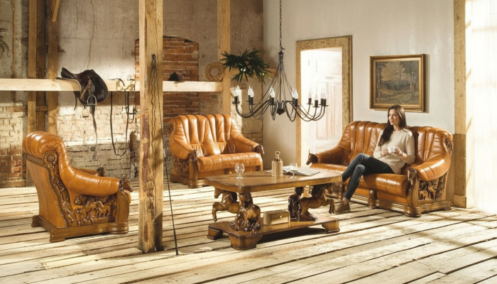 Klassische Dreisitzer Couch Polster Sofa 100% Echtes Leder Holz (ohne 2+1) Neu