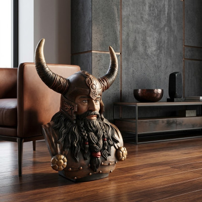 Büste Eines Kriegers in Einem Helm 70cm Hörnern Statue Wikinger Statuen Figuren