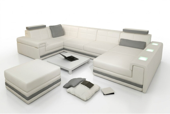 Ecksofa Sofa Wohnlandschaft U Form Polster Couch Ledersofa + Hocker