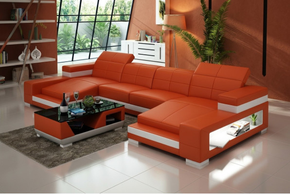 Ecksofa Sofa Wohnlandschaft U Form Polster Couch Ledersofa Orange
