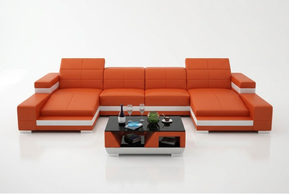 Ecksofa Sofa Wohnlandschaft U Form Polster Couch Ledersofa Orange