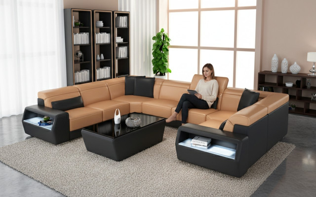 Ecksofa Leder Sofa Couch Polster Eck Sitz Wohnlandschaft Garnitur-U-Form