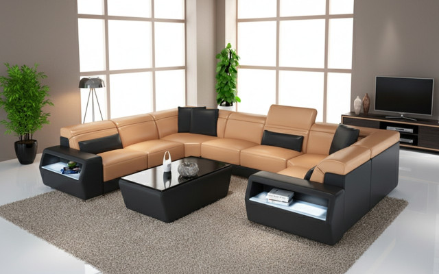 Ecksofa Leder Sofa Couch Polster Eck Sitz Wohnlandschaft Garnitur-U-Form