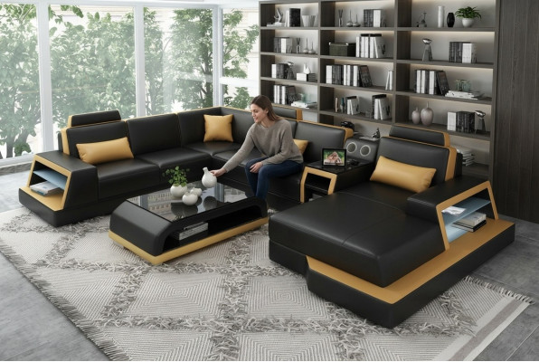 U Form Sofa Couch Polster Garnitur Ecksofa Wohnlandschaft Leder Design