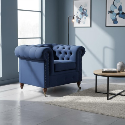 Designer Sessel 1 Sitzer Blau Leder Textil Luxus Club Lougne Sofa Chesterfield