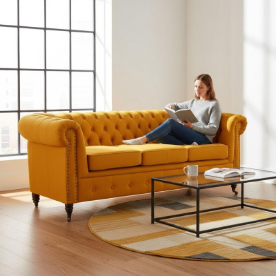Klassische Chesterfield Möbel Dreisitzer Couch Textil Sofa Edles Design Orange