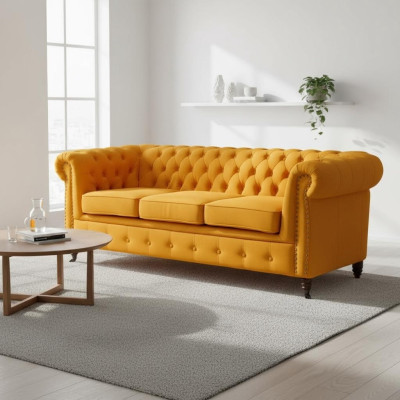 Klassische Chesterfield Möbel Dreisitzer Couch Textil Sofa Edles Design Orange