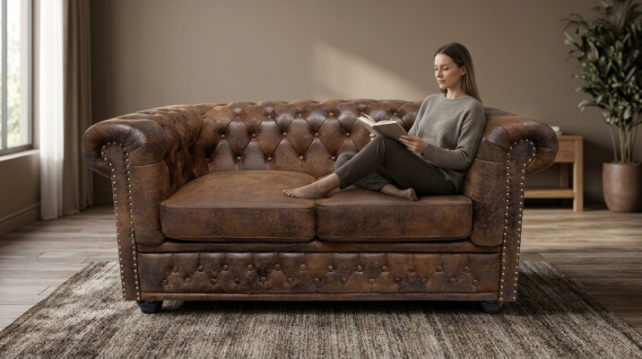 Chesterfield Textil Couch Polster 2 Sitzer Stoff Sofas Couchen Braune Zweisitzer