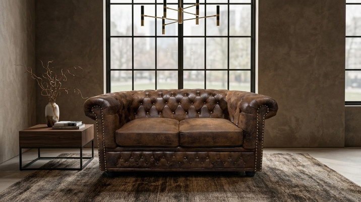 Chesterfield Textil Couch Polster 2 Sitzer Stoff Sofas Couchen Braune Zweisitzer