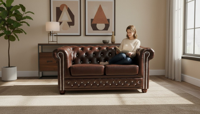 Klassische Edle Zweisitzer Chesterfield Möbel Couch Textil Sofa Design Braun