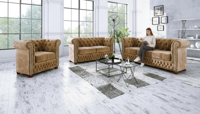 Klassische Edle Chesterfield Möbel Zweisitzer Couch Textil Sofa Design Braun