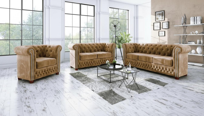 Klassische Edle Chesterfield Möbel Zweisitzer Couch Textil Sofa Design Braun