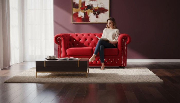 Chesterfield Textil Couch Polster 2Sitzer Stoff Sofas Couchen rote Zweisitzer