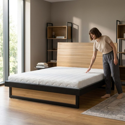 Loft Betten 140x200cm Massive Holz Schlafzimmer Möbel Echtholz Bett Eiche Metall