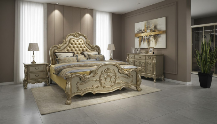 Bett + 2x Nachttisch 3 tlg. Schlafzimmer Set Designer Luxus Schlafzimmer Barock