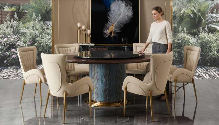 Design Rund Tisch 6x Sessel Stühle Ess Zimmer Sitz Polster Garnitur Runde