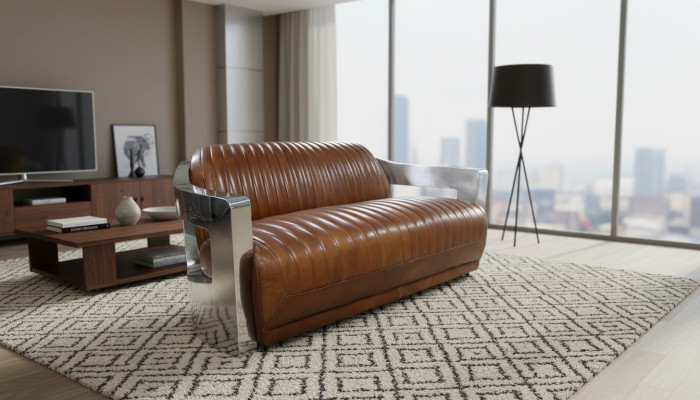 Sofa Vintage 2-Sitzer Ledersofa im Retro Stil Echtleder Aluminium Nieten Möbel