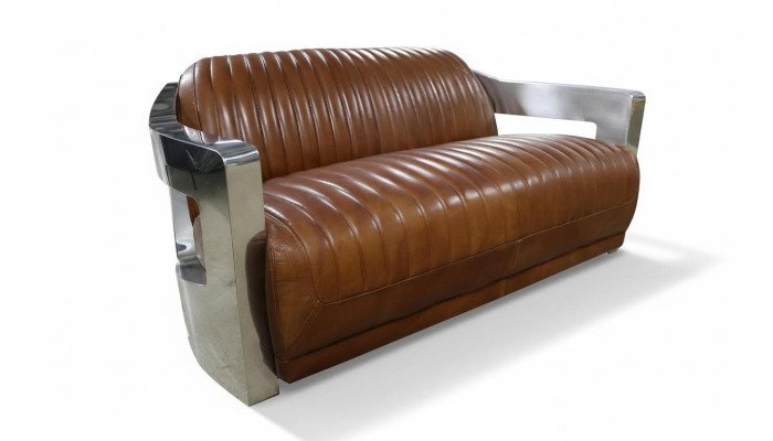 Sofa Vintage 2-Sitzer Ledersofa im Retro Stil Echtleder Aluminium Nieten Möbel