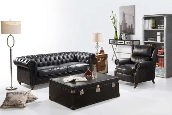 Chesterfield Sofa 3 Sitzer mit Sessel Schwarz Vintage Leder Möbel Stil 2tlg. Neu