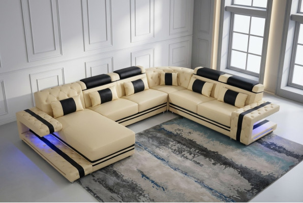 Leder Polster Sitz Design Modern Eck Garnitur Sofa Wohnlandschaft U Form USB LED