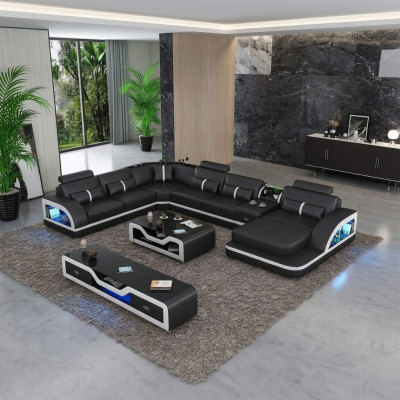 Ecksofa Schwarz mit Couchtisch 2tlg. Wohnzimmer Ledersofa Set Eckgarnitur Tisch