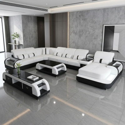 Wohnlandschaft Couch Polster Sofa Garnitur 3tlg. Set Couchtisch Sideboard Leder