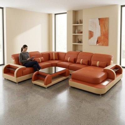 Wohnlandschaft u Form Ledersofa Polster Ecksofa Sofa Couch Leder Textil usb neu