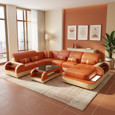 Wohnlandschaft u Form Ledersofa Polster Ecksofa Sofa Couch Leder Textil usb neu
