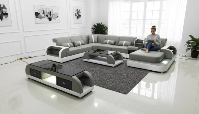 Garnitur Design Wohnlandschaft Ecksofa Sofa Couch U-Form Couchtisch Leder 2tlg