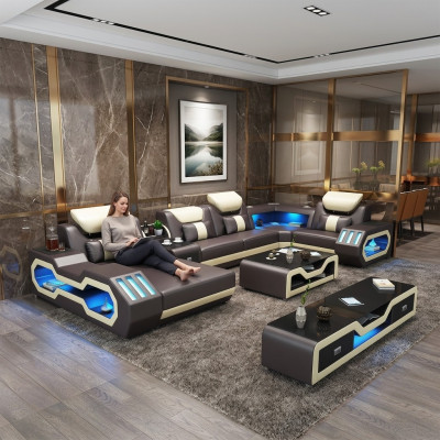 Ecksofa UForm Couchtisch Ledersofa Wohnlandschaft Designer Sofa 2tlg.Set led usb