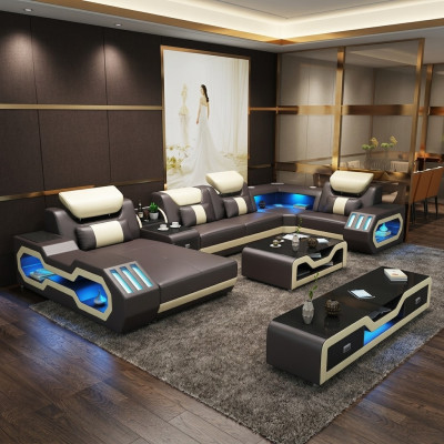 Ecksofa UForm Couchtisch Ledersofa Wohnlandschaft Designer Sofa 2tlg.Set led usb