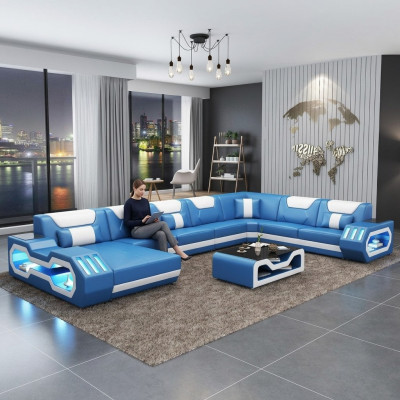 Ecksofa U-Form Couchtisch Couch Design Grau Polster Leder Modern Wohnlandschaft