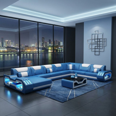 Ecksofa U-Form Couchtisch Couch Design Grau Polster Leder Modern Wohnlandschaft