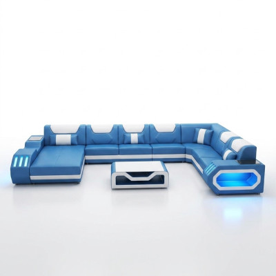 Ecksofa U-Form Couchtisch Couch Design Grau Polster Leder Modern Wohnlandschaft