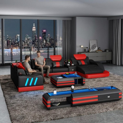 Ecksofa U-Form Sideboard Couchtisch Couch Design Grau Polster Leder Modern 3tlg.