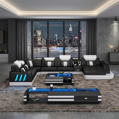 Ecksofa U-Form Couchtisch Polster Garnitur Wohnlandschaft Design Ecksofa Led