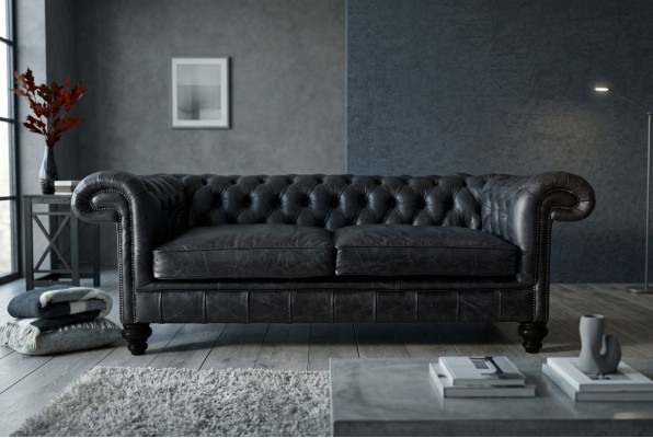 Designer grauer Chesterfield 3-Sitzer Luxus Wohnzimmer Couch