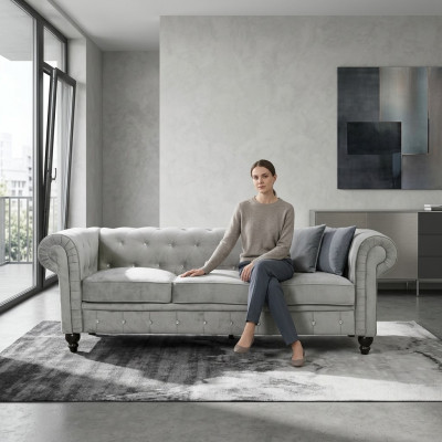 Grauer Chesterfield 3-er Luxus Wohnzimmer Couch Designer Sofa