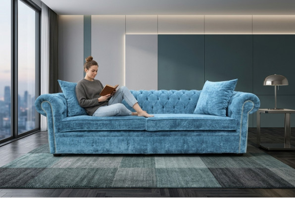 Klassische Wohnzimmer Sofa - Blaue Chesterfield Stoff Couch 3 Sitzer  jvmoebel ®
