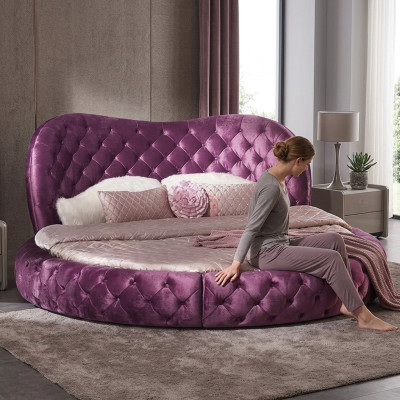 Runde Chesterfield Design Bett Schlafzimmer Textil Leder Polster Lila Rund Luxus