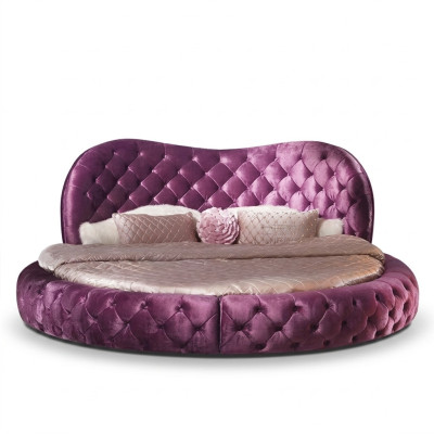 Runde Chesterfield Design Bett Schlafzimmer Textil Leder Polster Lila Rund Luxus