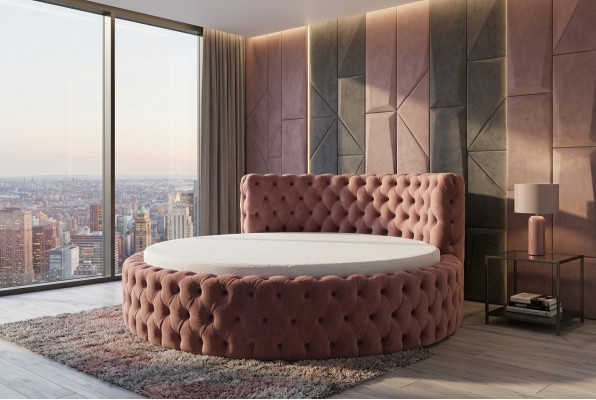 Rundes Samt Bett Chesterfield Luxus Polster Rund Betten Textil Stoff Hotel Neu