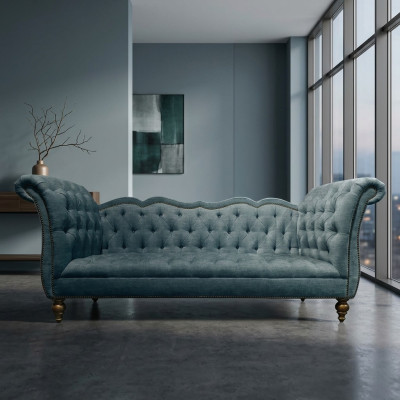 Englisches Luxus Sofa Chesterfield Bunte Textil Couch Turkis Blaue Grüne Couchen