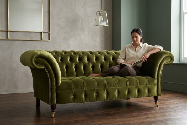 Klassische Sofa 2 Sitzer Chesterfield Couch Textil Samt Kristalle Grün Samt Neu