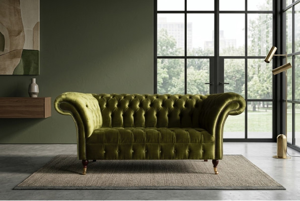 Klassische Sofa 2 Sitzer Chesterfield Couch Textil Samt Kristalle Grün Samt Neu
