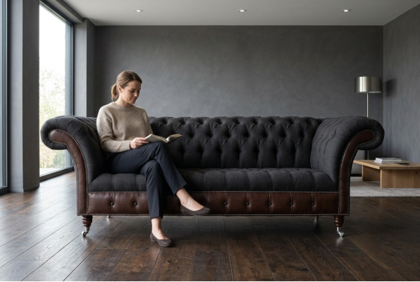 Chesterfield Original Sofa JVMoebel Couch Textil Sofas Couchen Stoff Schwarz Neu