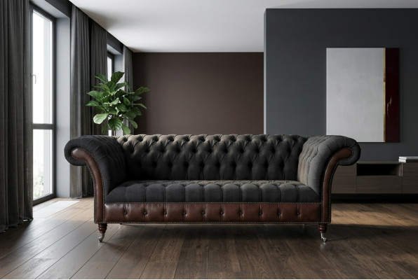 Chesterfield Original Sofa JVMoebel Couch Textil Sofas Couchen Stoff Schwarz Neu